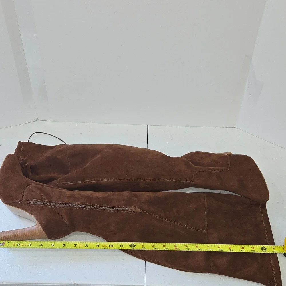 Justfab Brown Faux Suede Over The Knee Boots Block Heel Pointed Toe 8M